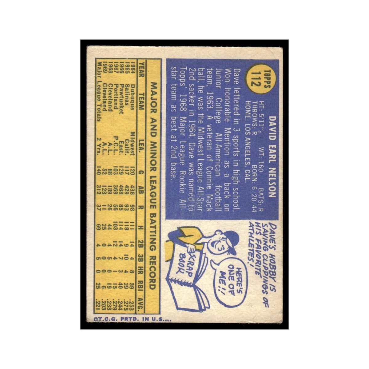 Dave Nelson 1970 Topps (Damaged) #112 Cleveland Indians Baseball Card Poor