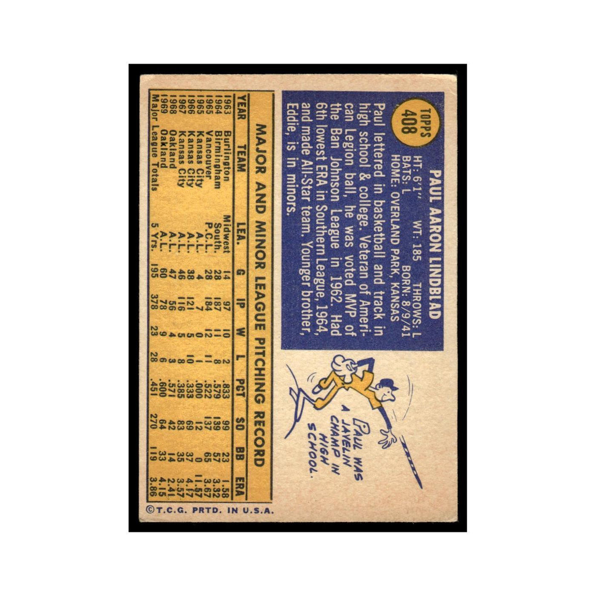 Paul Lindblad 1970 Topps (Damaged) #408 Oakland Athletics Baseball Card Poor