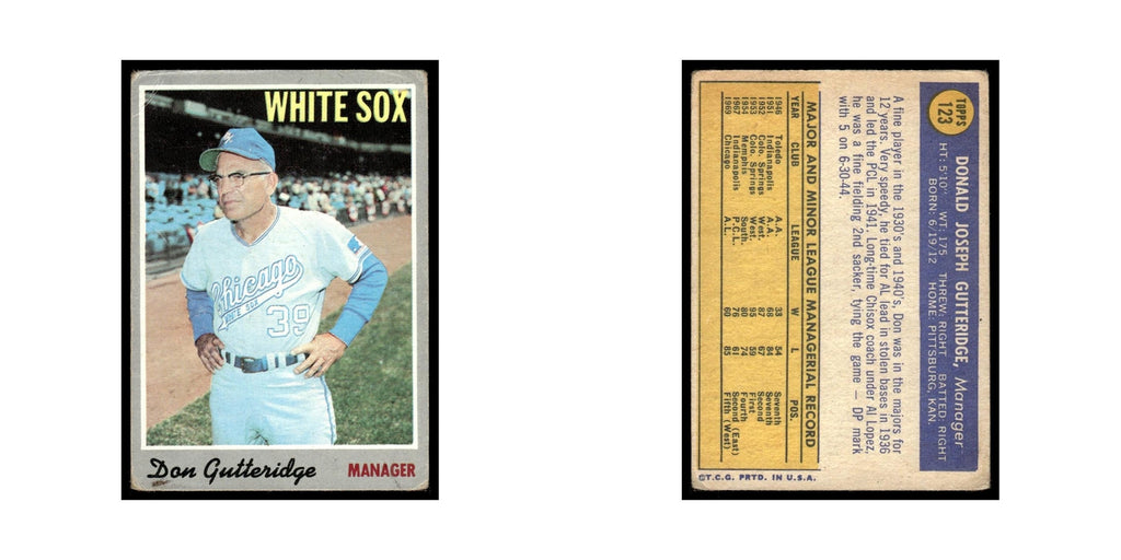 Don Gutteridge 1970 Topps (Damaged) #123 Chicago White Sox Baseball Card Poor