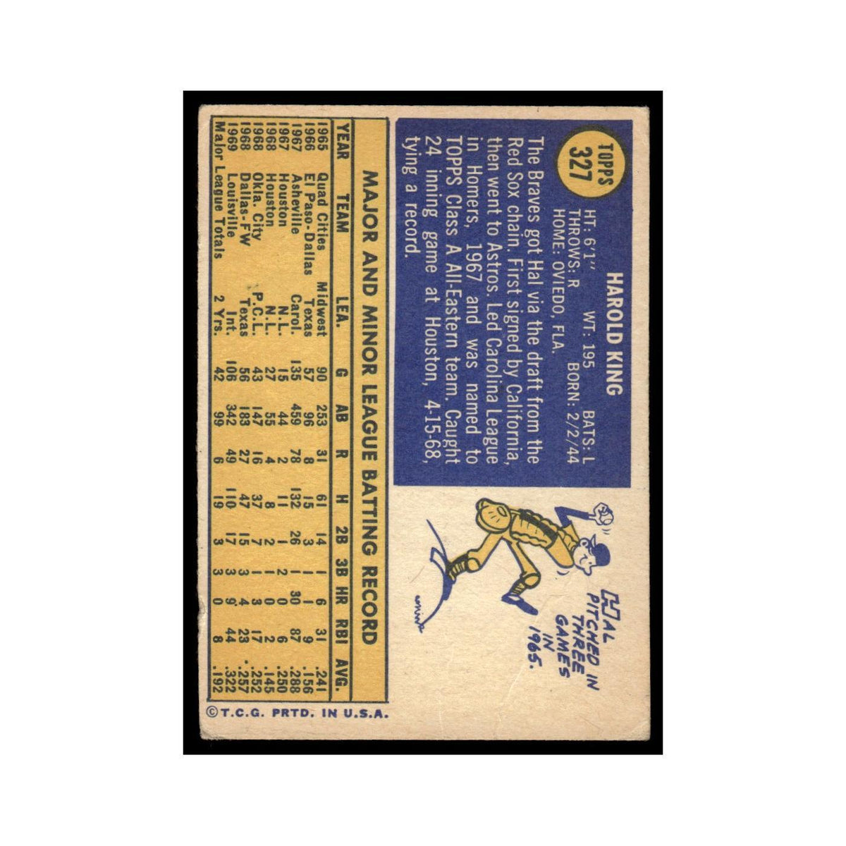 Hal King 1970 Topps (Damaged) #327 Atlanta Braves Baseball Card Poor