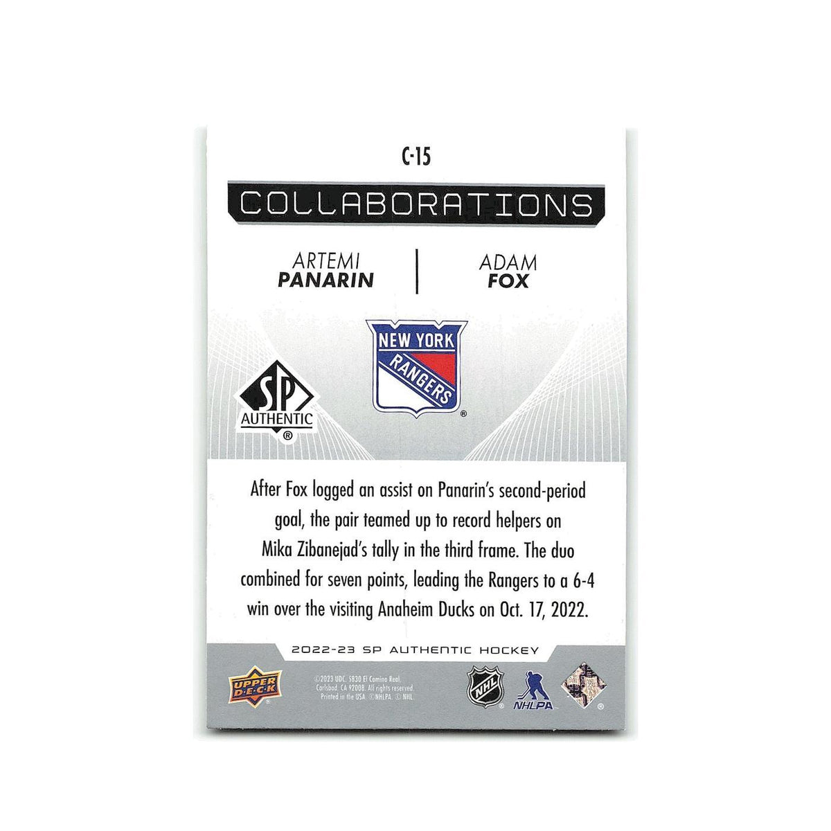 Artemi Panarin   Adam Fox 2022 SP Authentic Collaborations Blue #C-15 NM