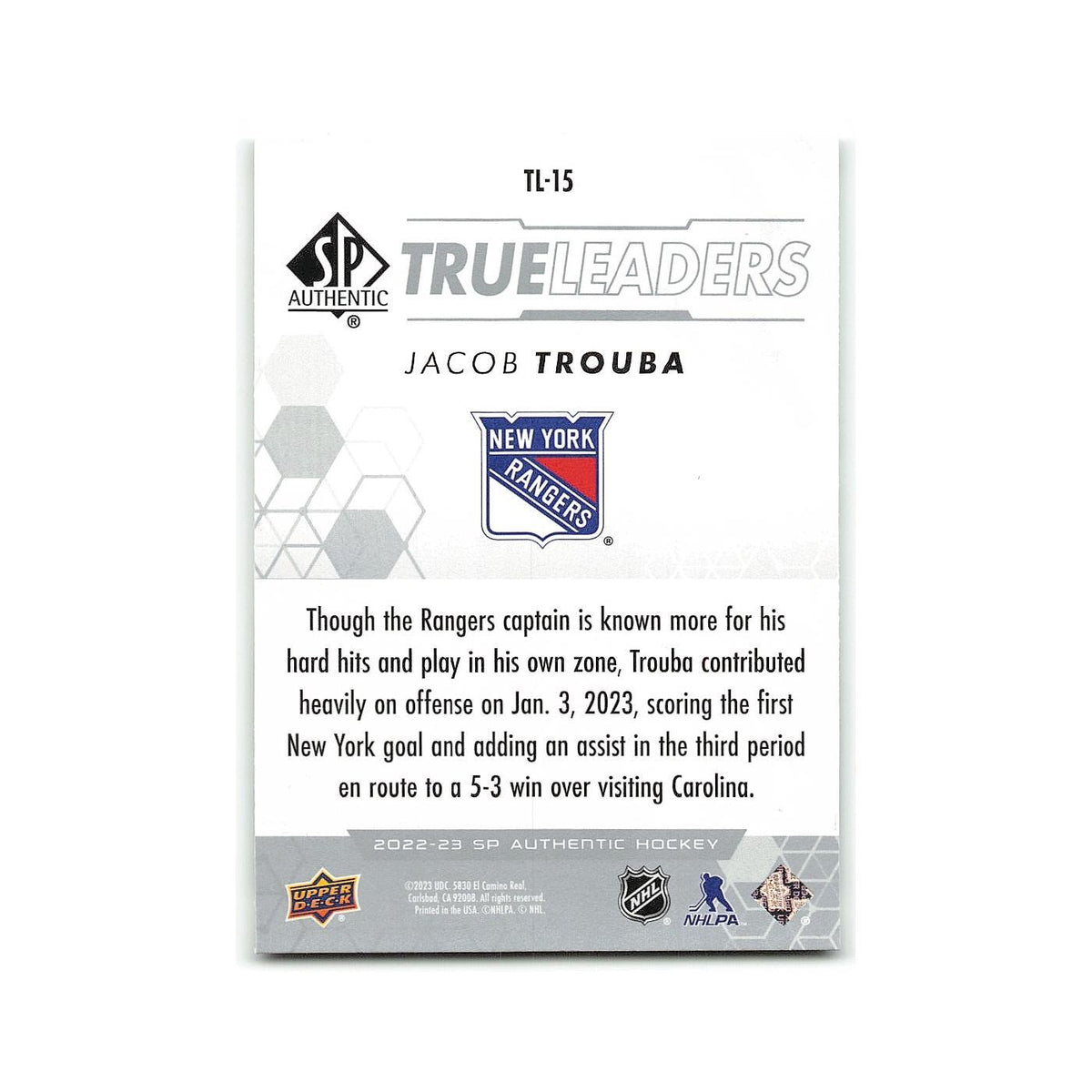 Jacob Trouba 2022 SP Authentic True Leaders #TL-15 New York Rangers NM