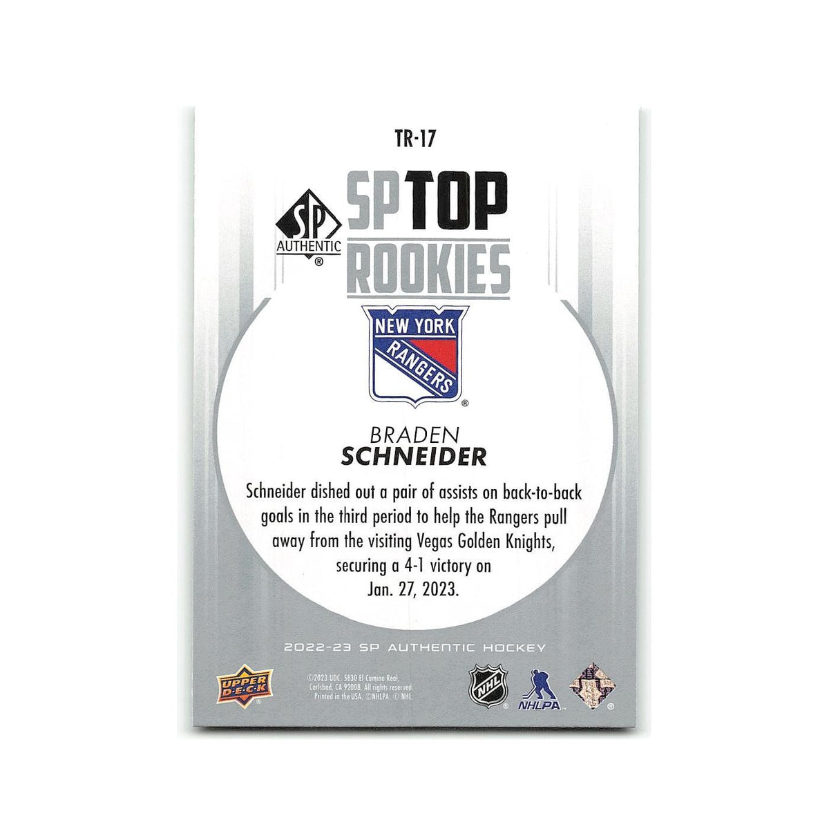 Braden Schneider 2022 SP Authentic Top Rookies #TR-17 New York Rangers NM
