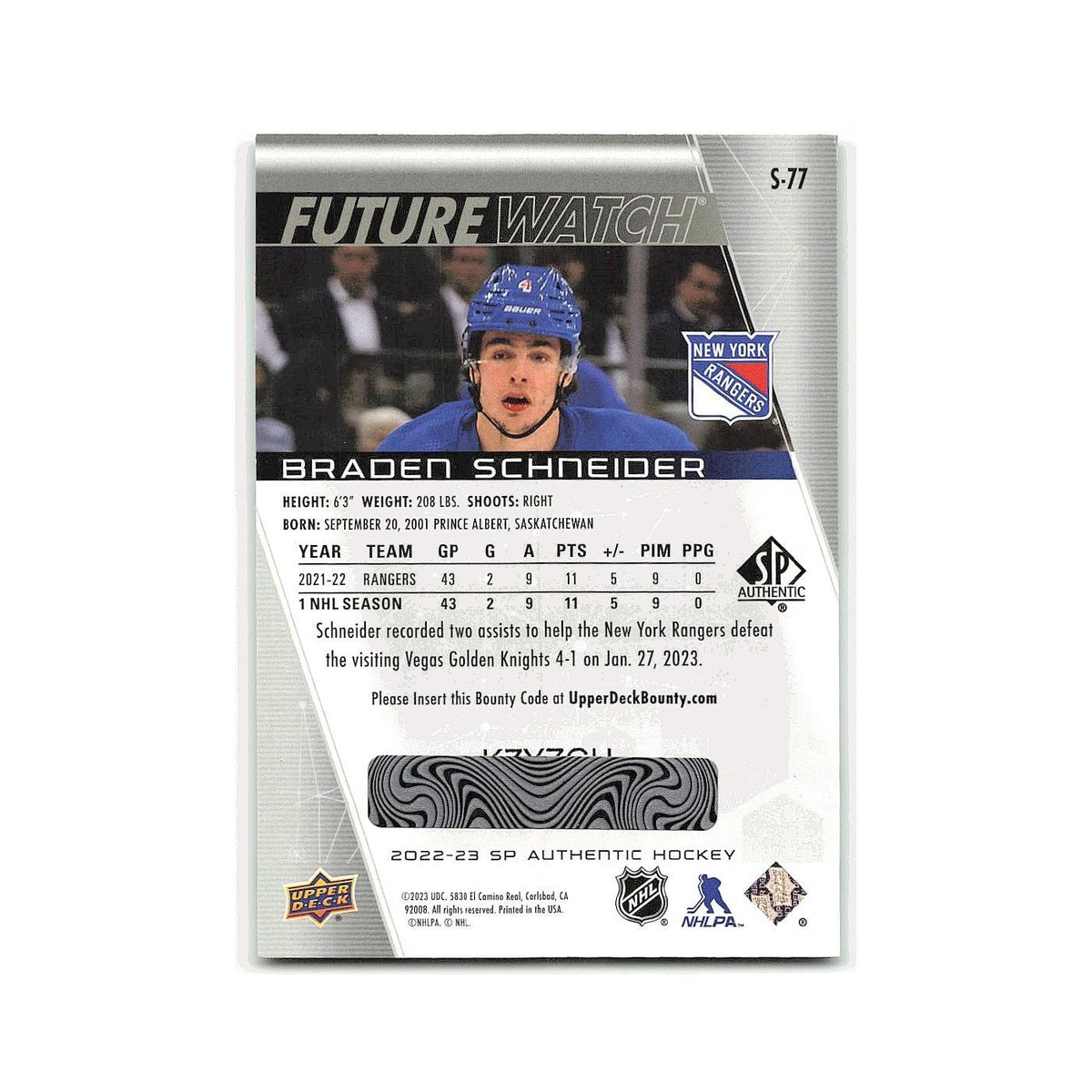 Braden Schneider 2022 SP Authentic Spectrum FX #S-77 New York Rangers NM