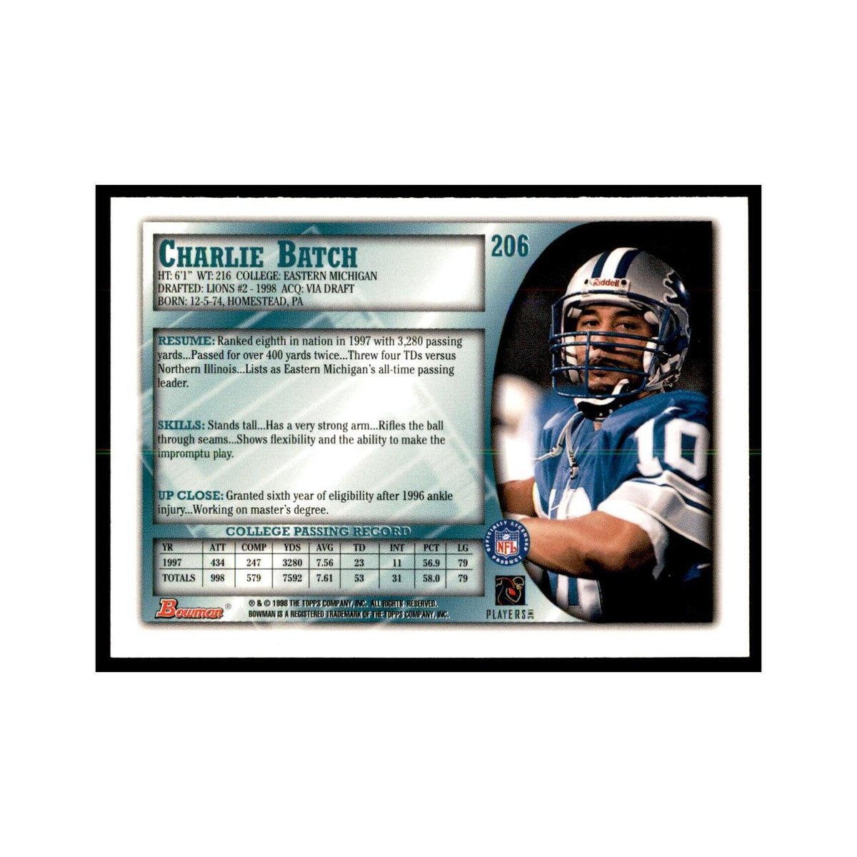 1998 Bowman Charlie Batch RC Football Cards #206