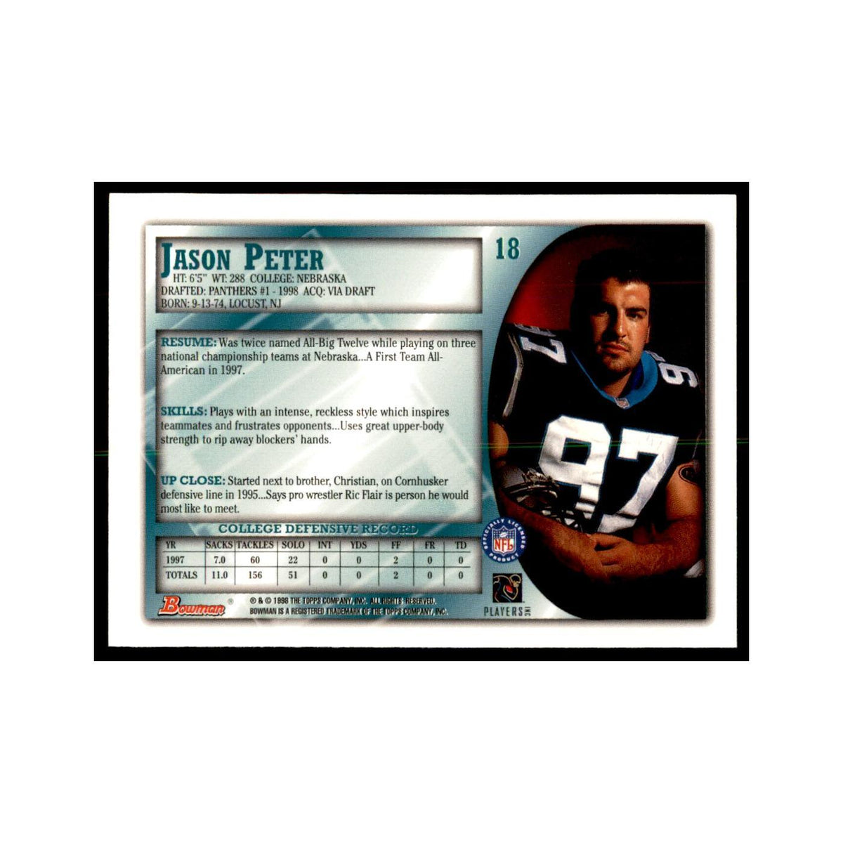 1998 Bowman Jason Peter RC Football Cards #18