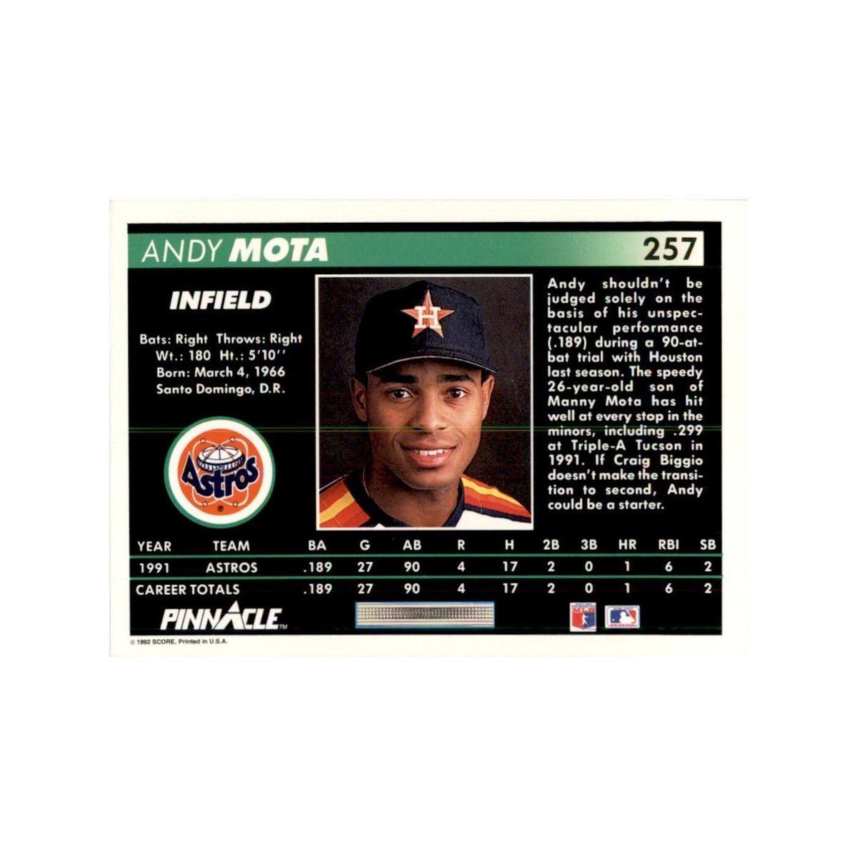 1992 Pinnacle Andy Mota Baseball Cards #257
