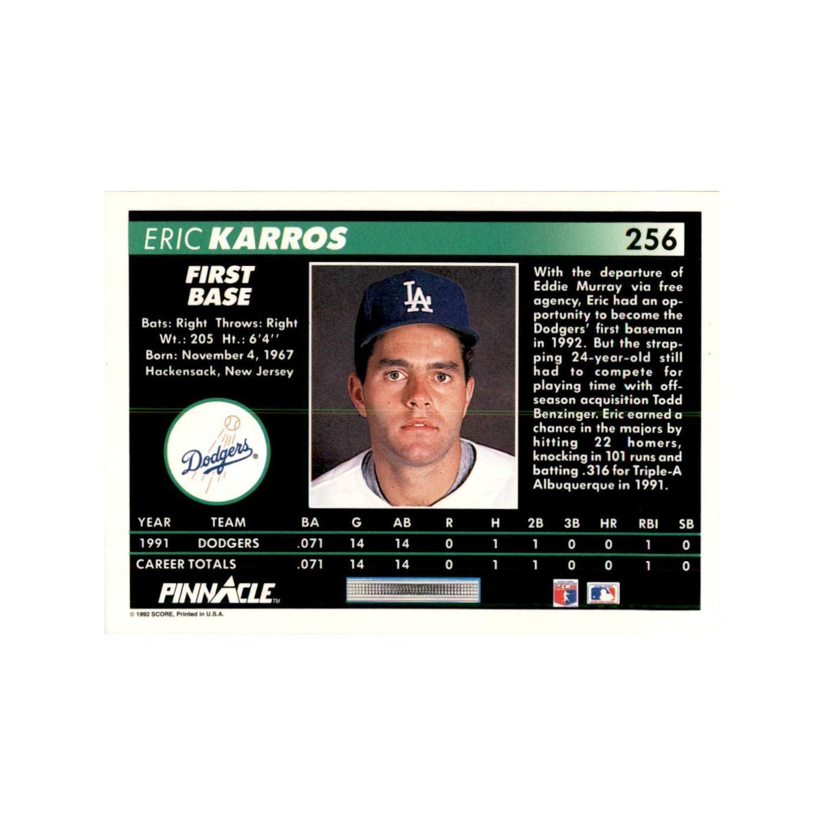 1992 Pinnacle Eric Karros Baseball Cards #256