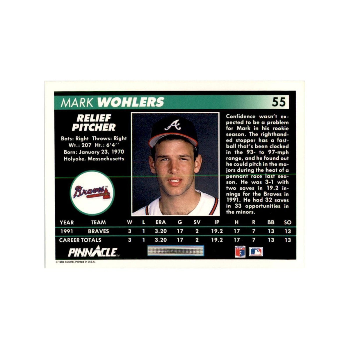 1992 Pinnacle Mark Wohlers Baseball Cards #55