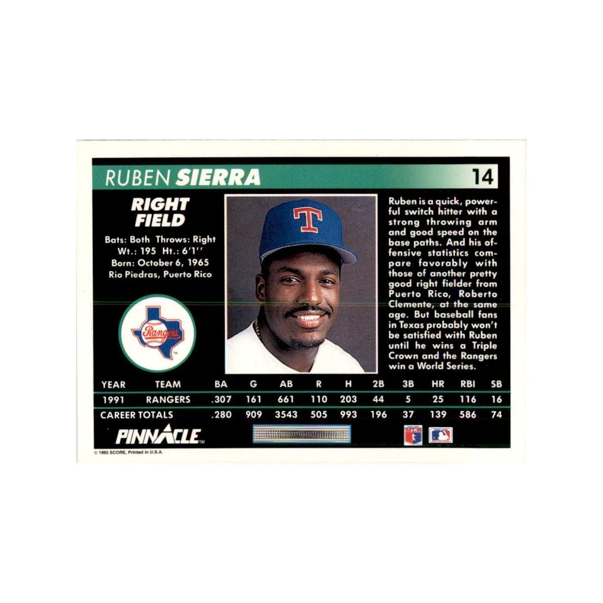 1992 Pinnacle Ruben Sierra Baseball Cards #14