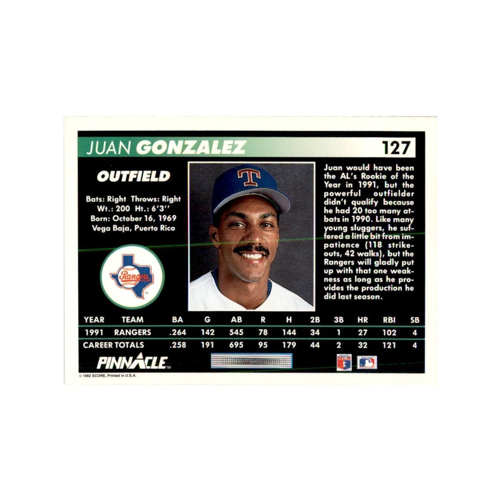 1992 Pinnacle Juan Gonzalez Baseball Cards #127