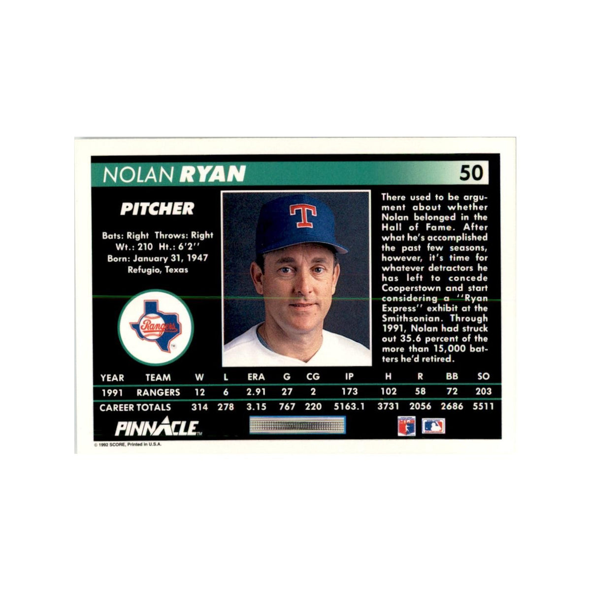 1992 Pinnacle Nolan Ryan Baseball Cards #50