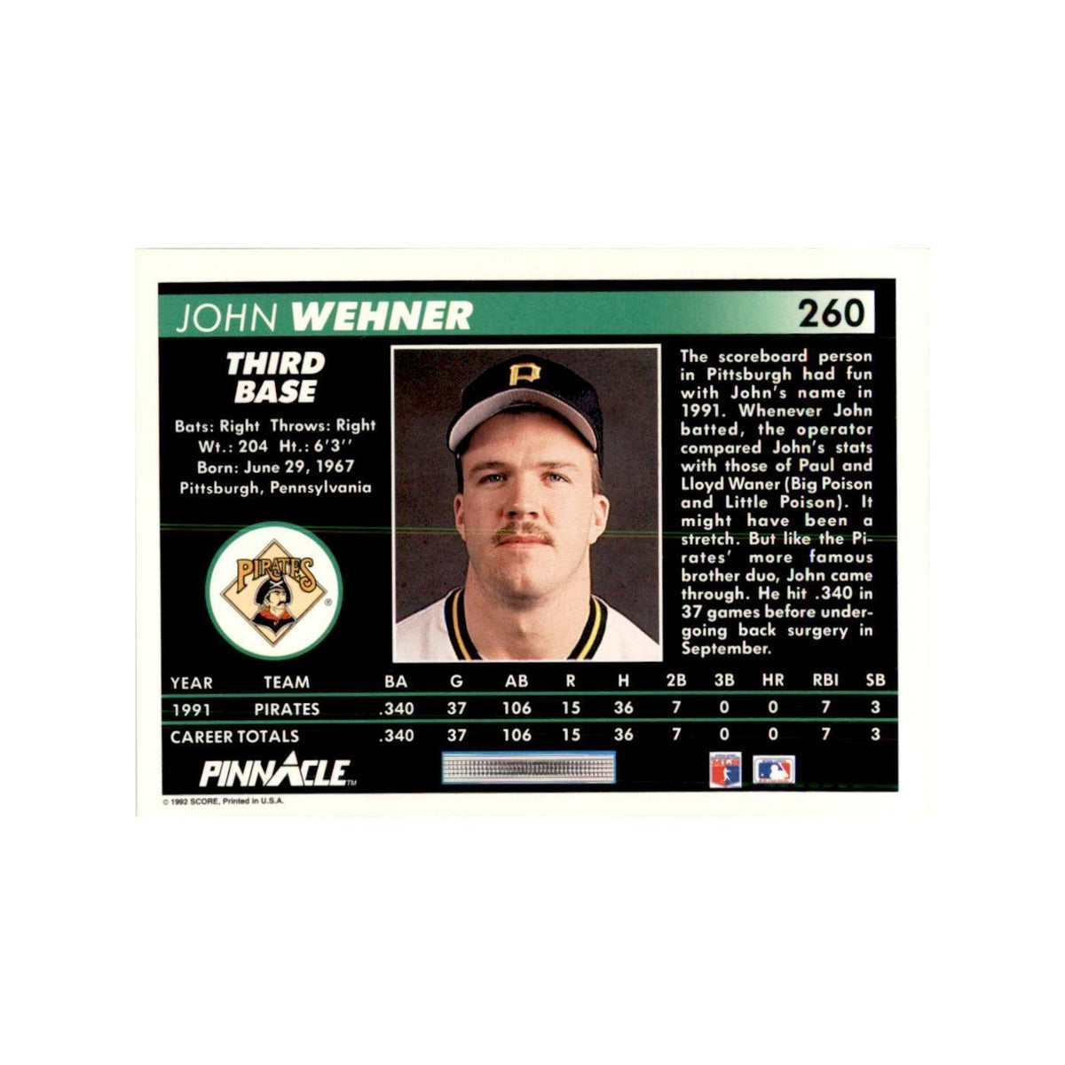 1992 Pinnacle John Wehner Baseball Cards #260