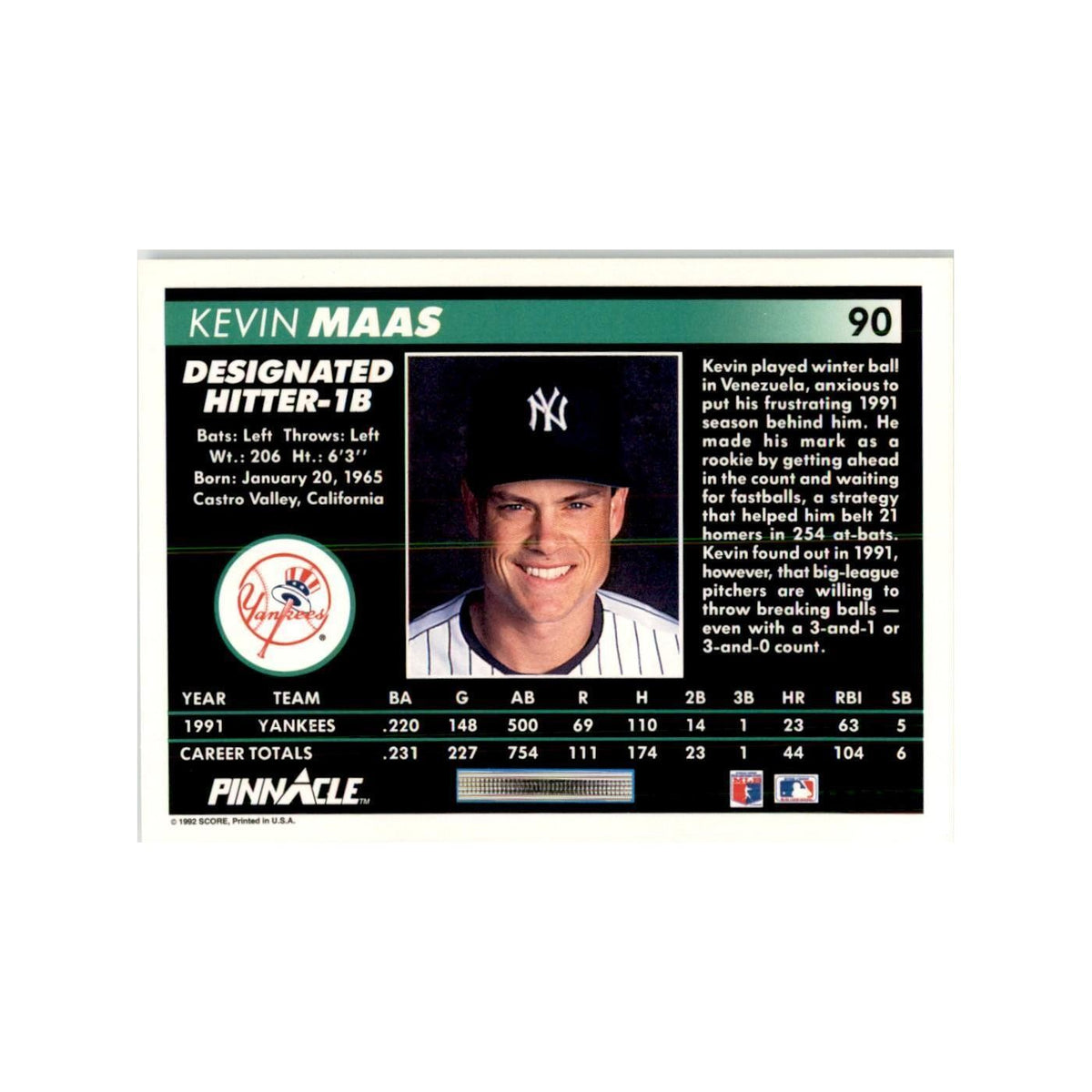 1992 Pinnacle Kevin Maas Baseball Cards #90