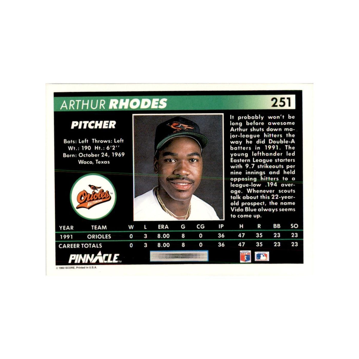 1992 Pinnacle Arthur Rhodes Baseball Cards #251