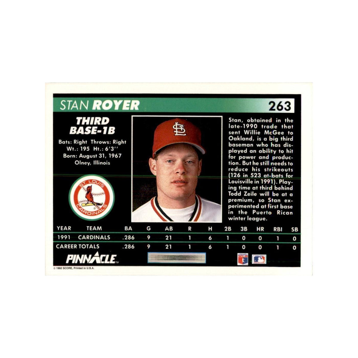 1992 Pinnacle Stan Royer Baseball Cards #263