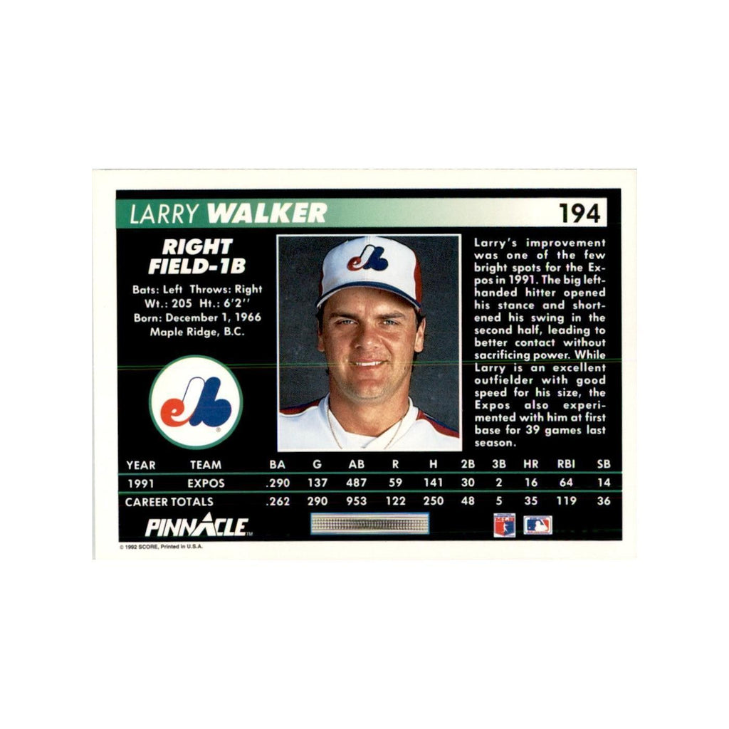 1992 Pinnacle Larry Walker Baseball Cards #194