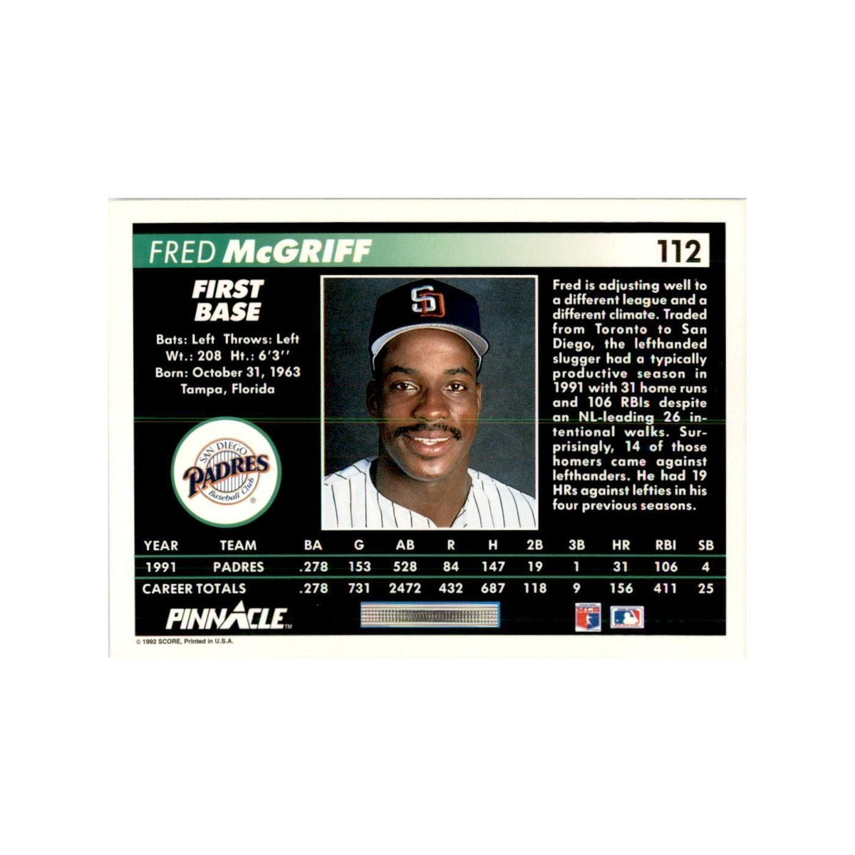 1992 Pinnacle Fred McGriff Baseball Cards #112