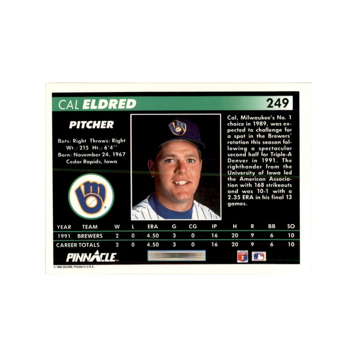 1992 Pinnacle Cal Eldred Baseball Cards #249