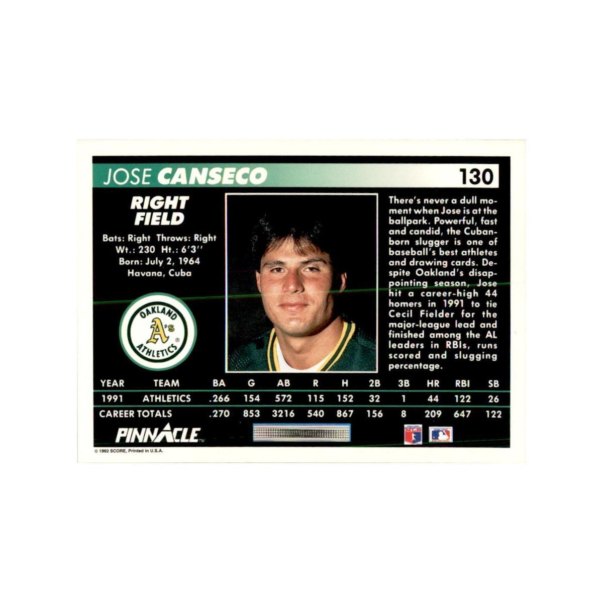 1992 Pinnacle Jose Canseco Baseball Cards #130