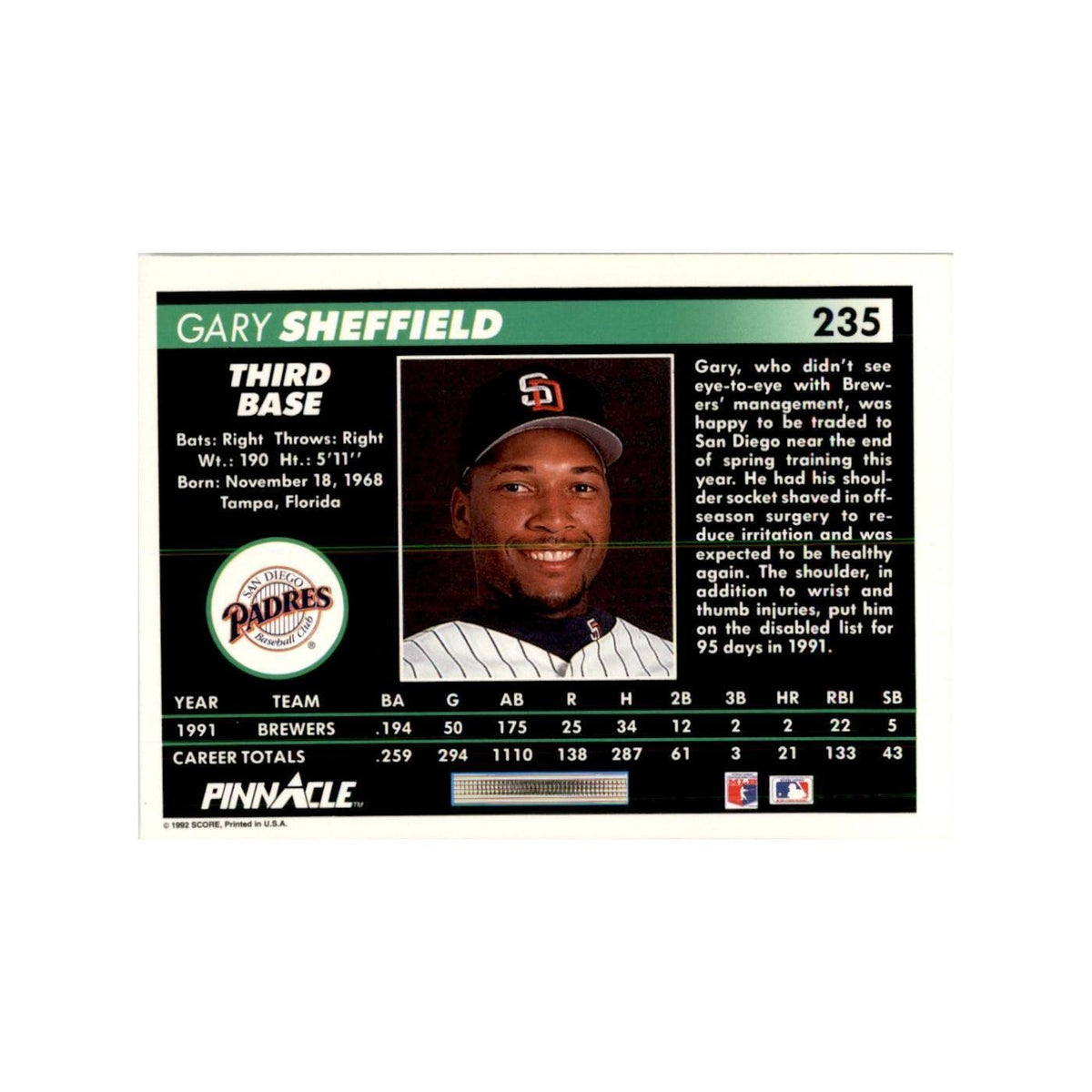 1992 Pinnacle Gary Sheffield Baseball Cards #235
