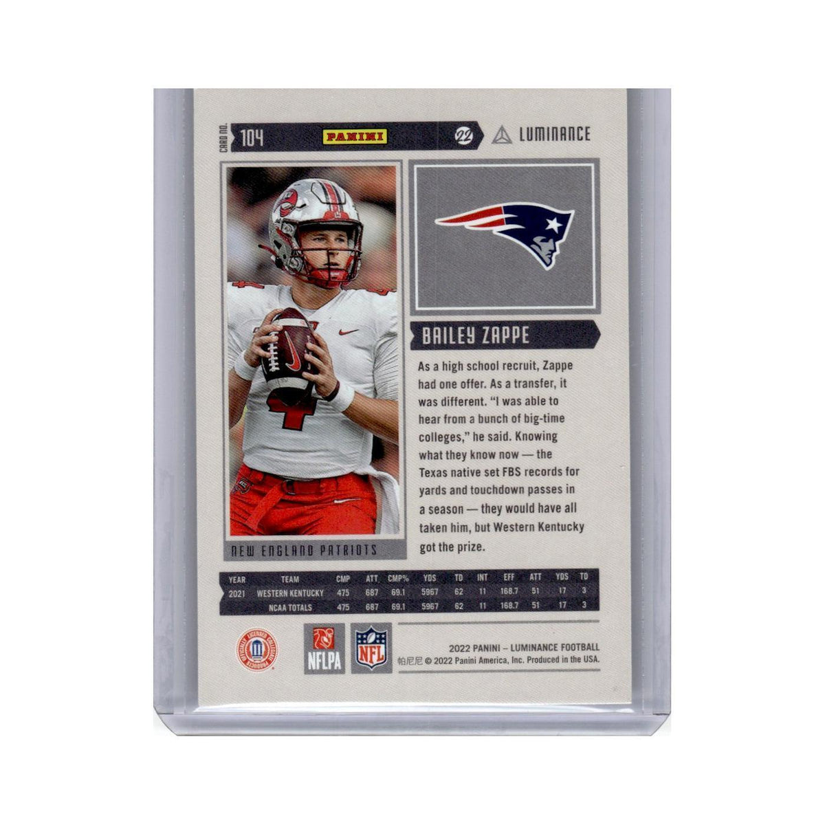 Bailey Zappe Rookie 2022 Panini Luminance #104 New England Patriots NM