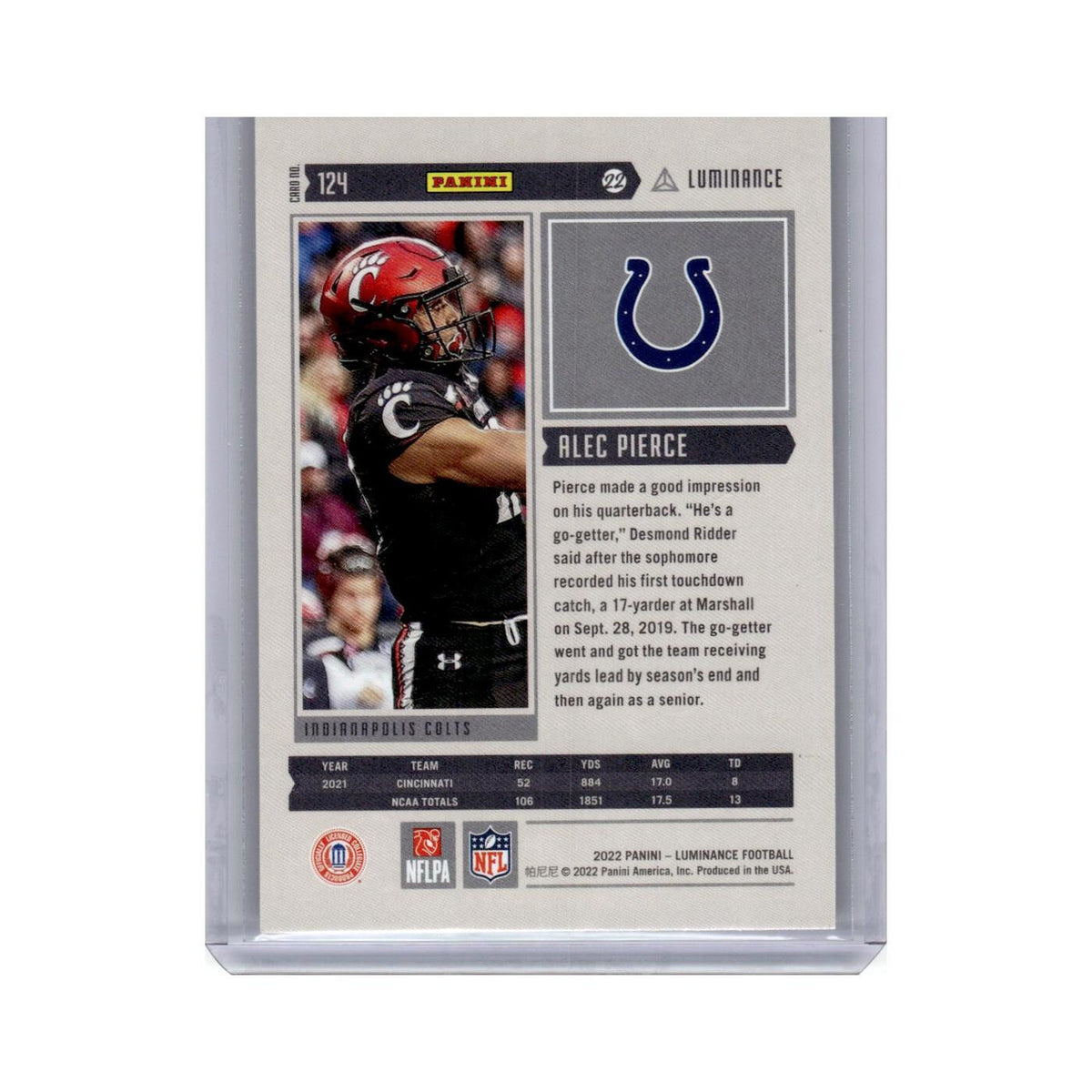 Alec Pierce Rookie 2022 Panini Luminance #124 Indianapolis Colts NM