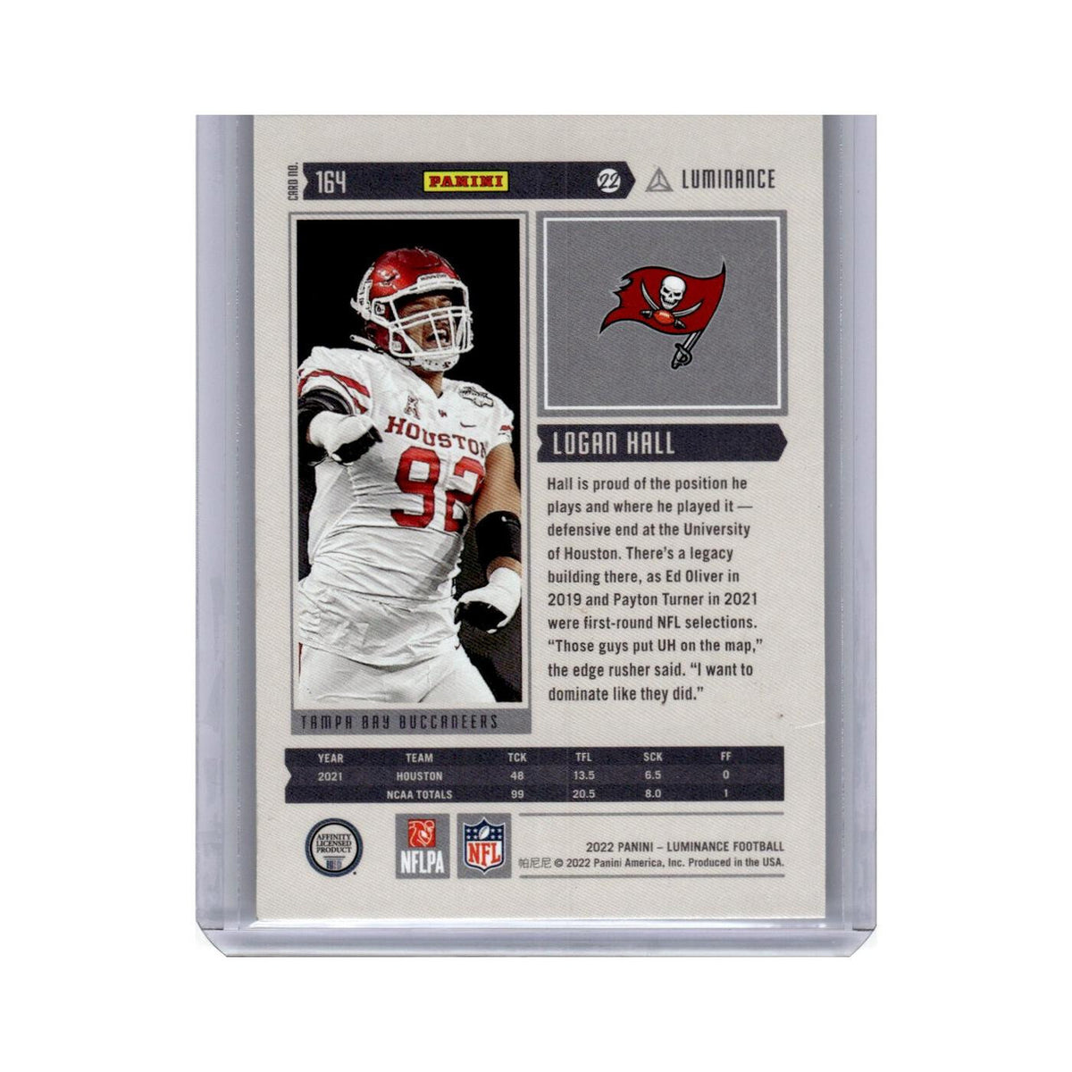 Logan Hall Rookie 2022 Panini Luminance #164 Tampa Bay Buccaneers NM