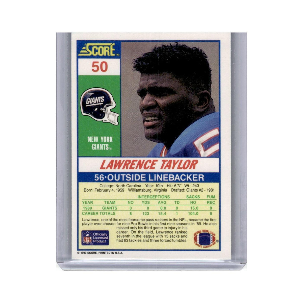 Lawrence Taylor 1990 Score #50 New York Giants Football Card NM