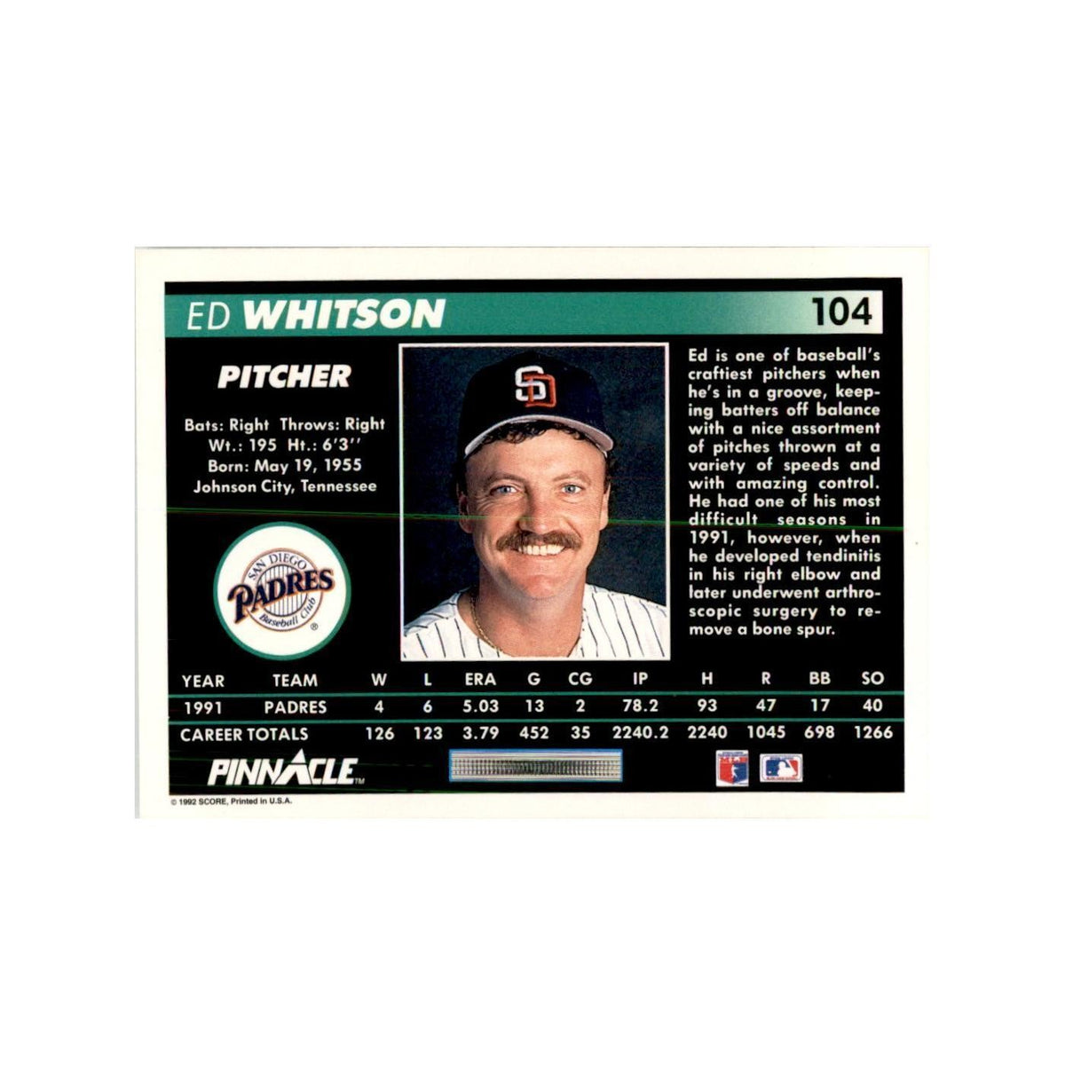 1992 Pinnacle Ed Whitson Baseball Cards #104