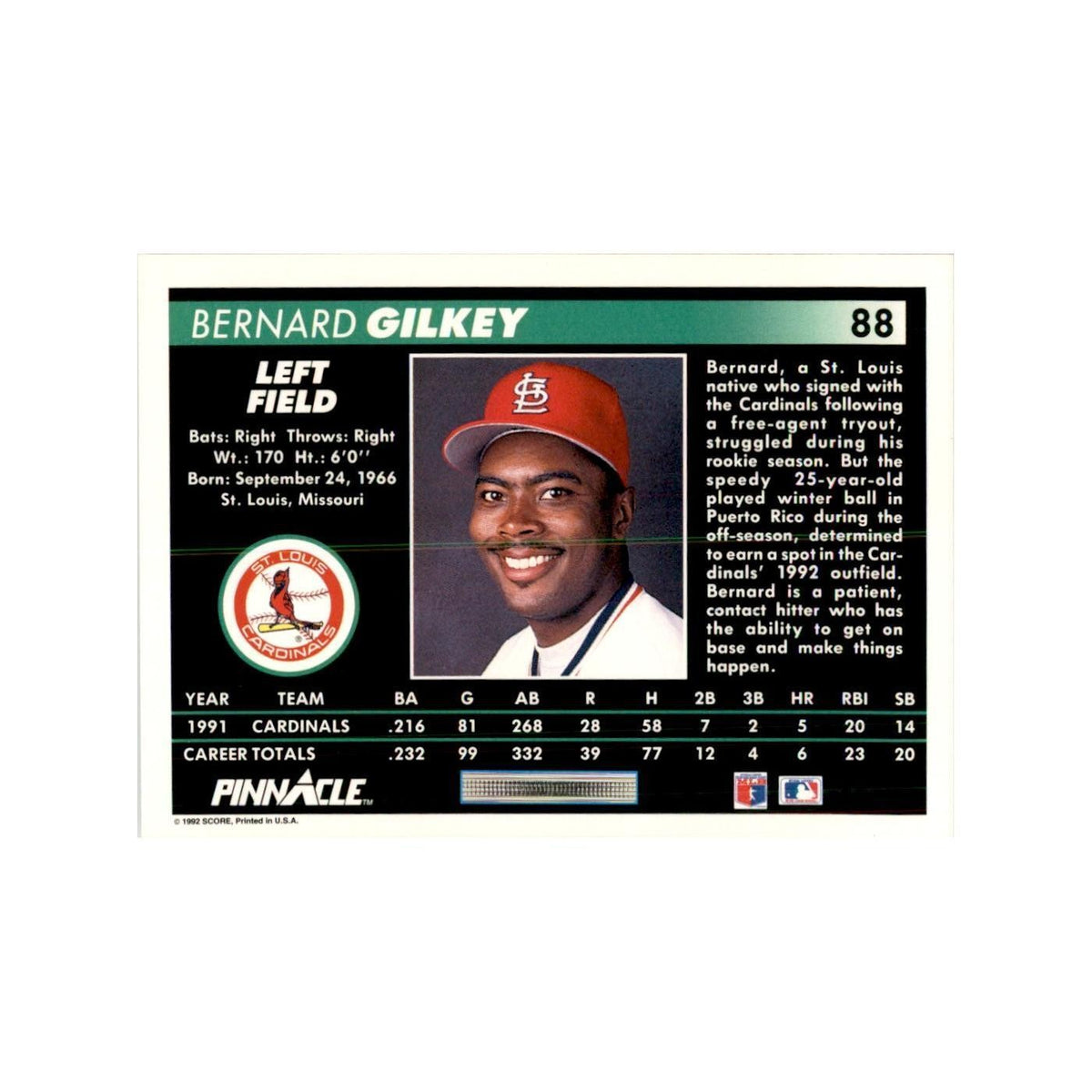 1992 Pinnacle Bernard Gilkey Baseball Cards #88