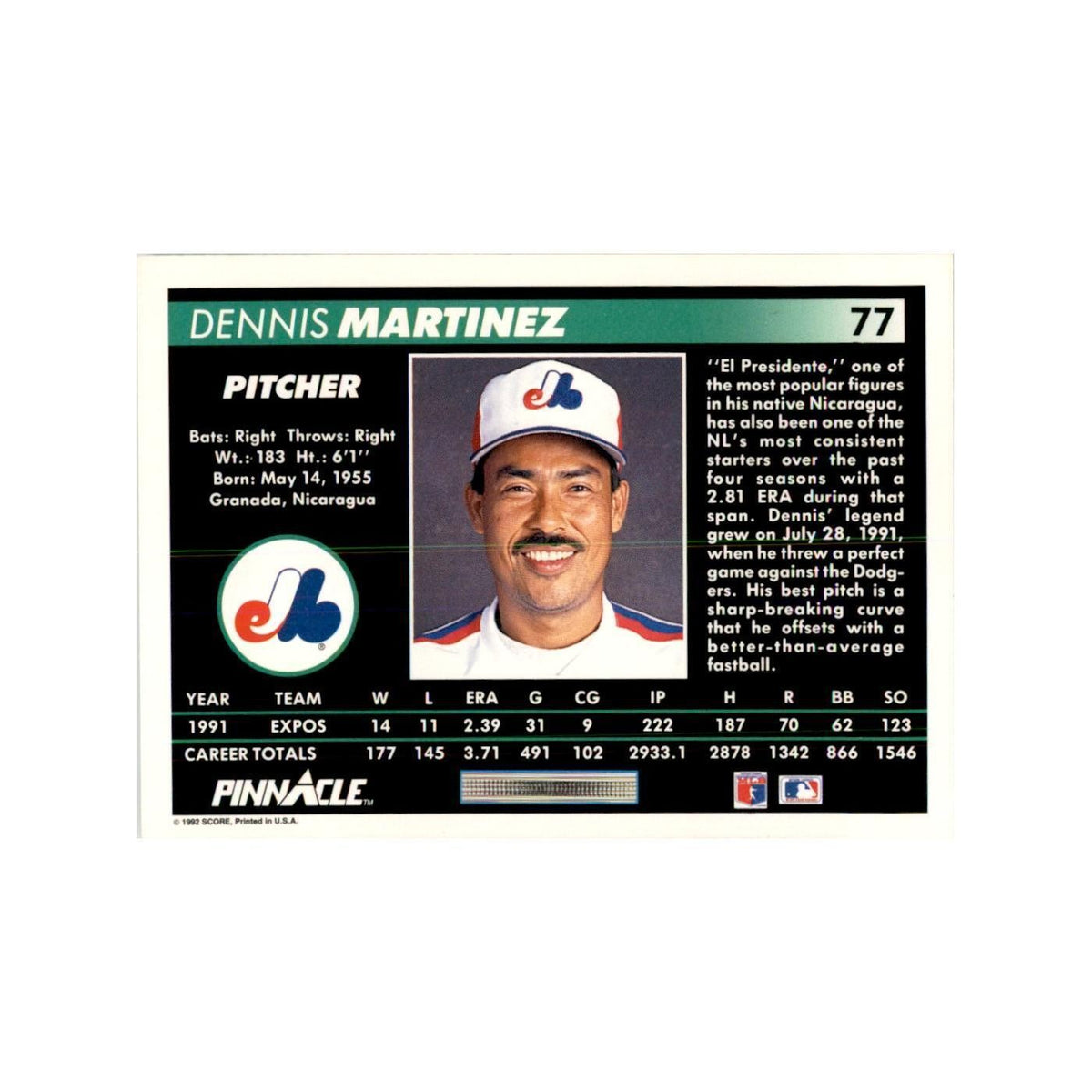 1992 Pinnacle Dennis Martinez Baseball Cards #77