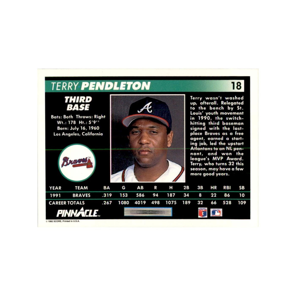 1992 Pinnacle Terry Pendleton Baseball Cards #18