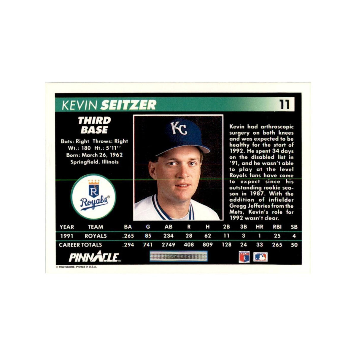 1992 Pinnacle Kevin Seitzer Baseball Cards #11