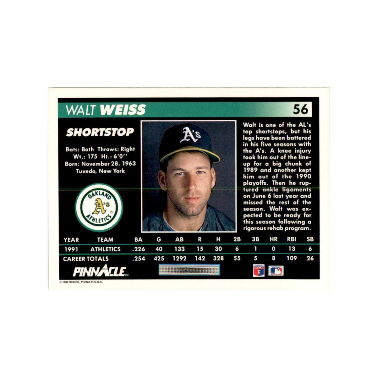 1992 Pinnacle Walt Weiss Baseball Cards #56