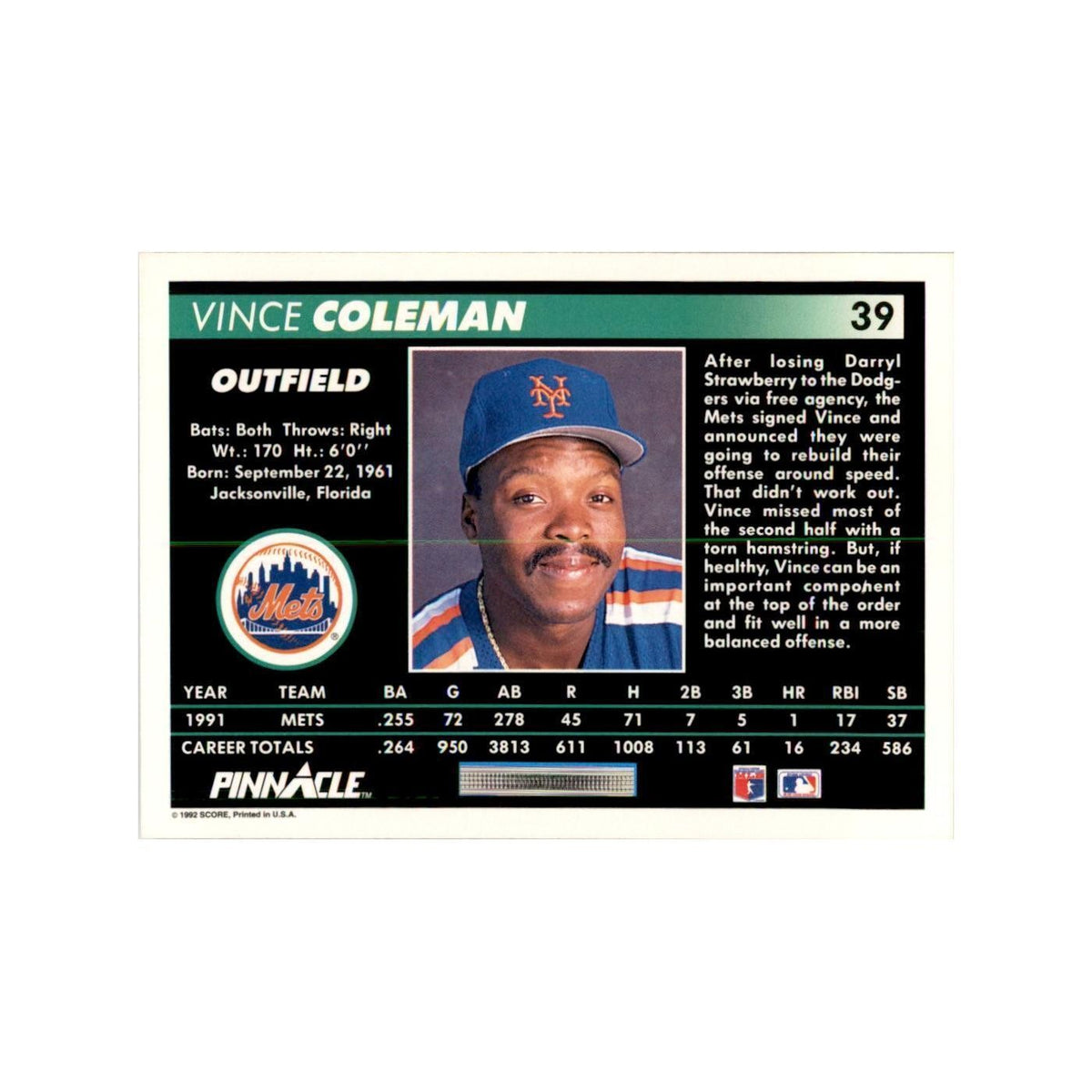 1992 Pinnacle Vince Coleman Baseball Cards #39