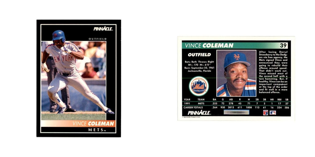 1992 Pinnacle Vince Coleman Baseball Cards #39