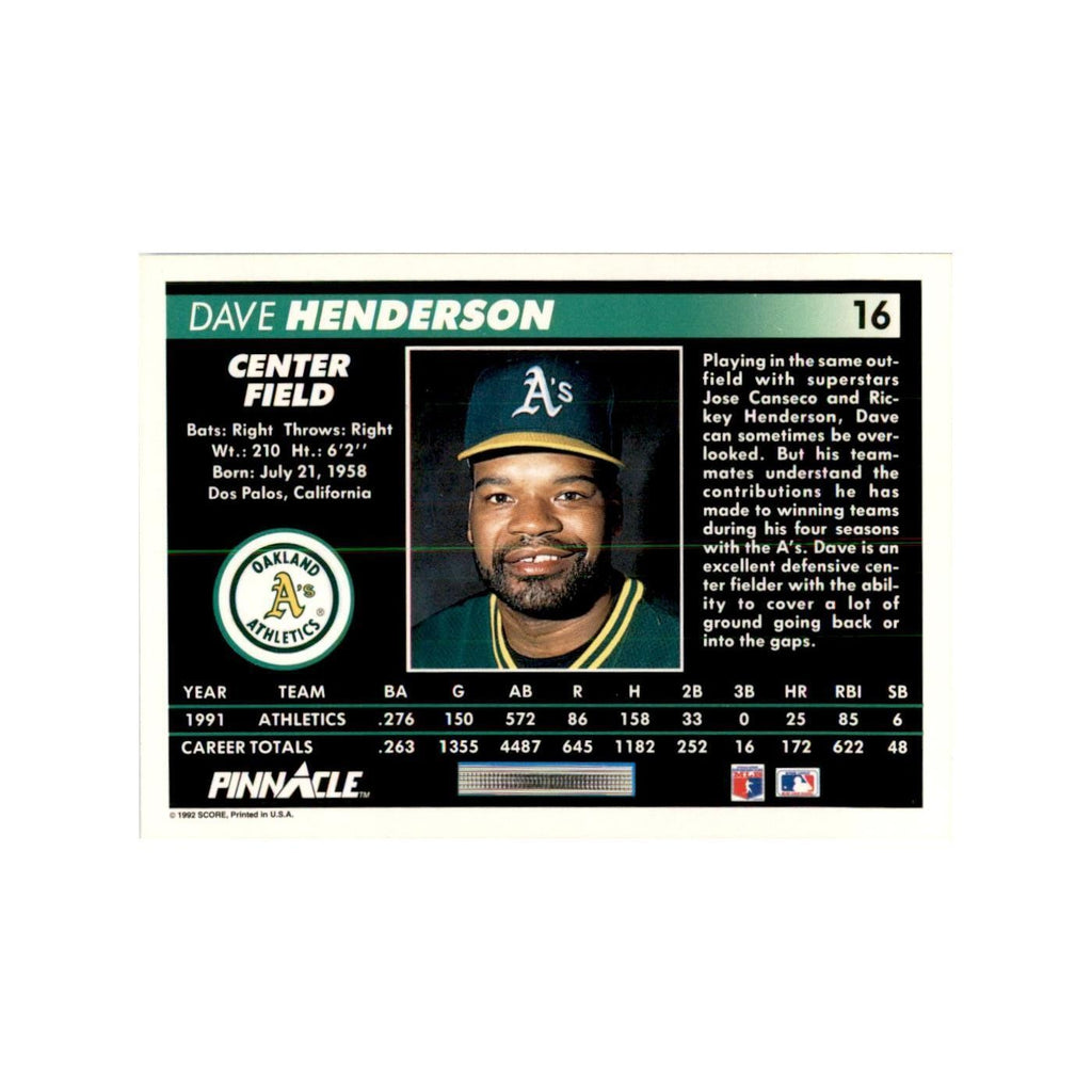 1992 Pinnacle Dave Henderson Baseball Cards #16