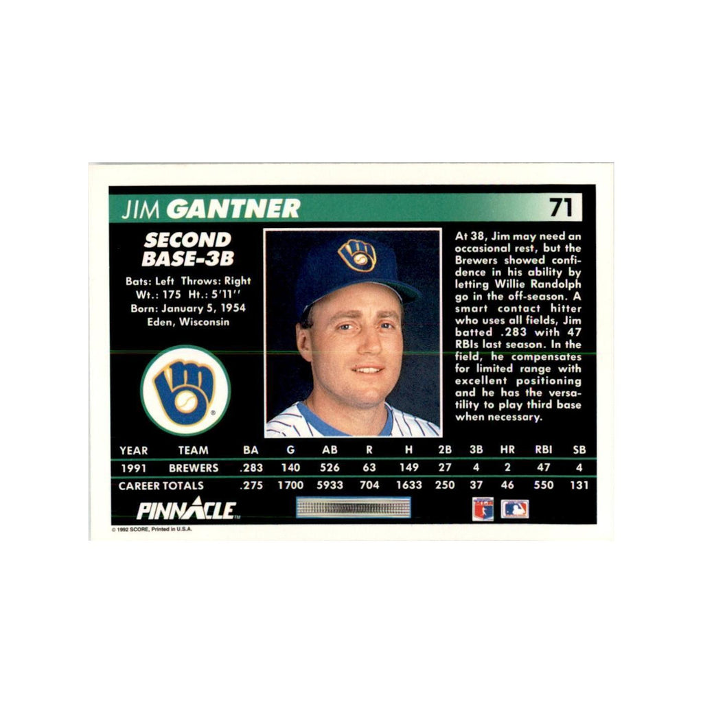 1992 Pinnacle Jim Gantner Baseball Cards #71