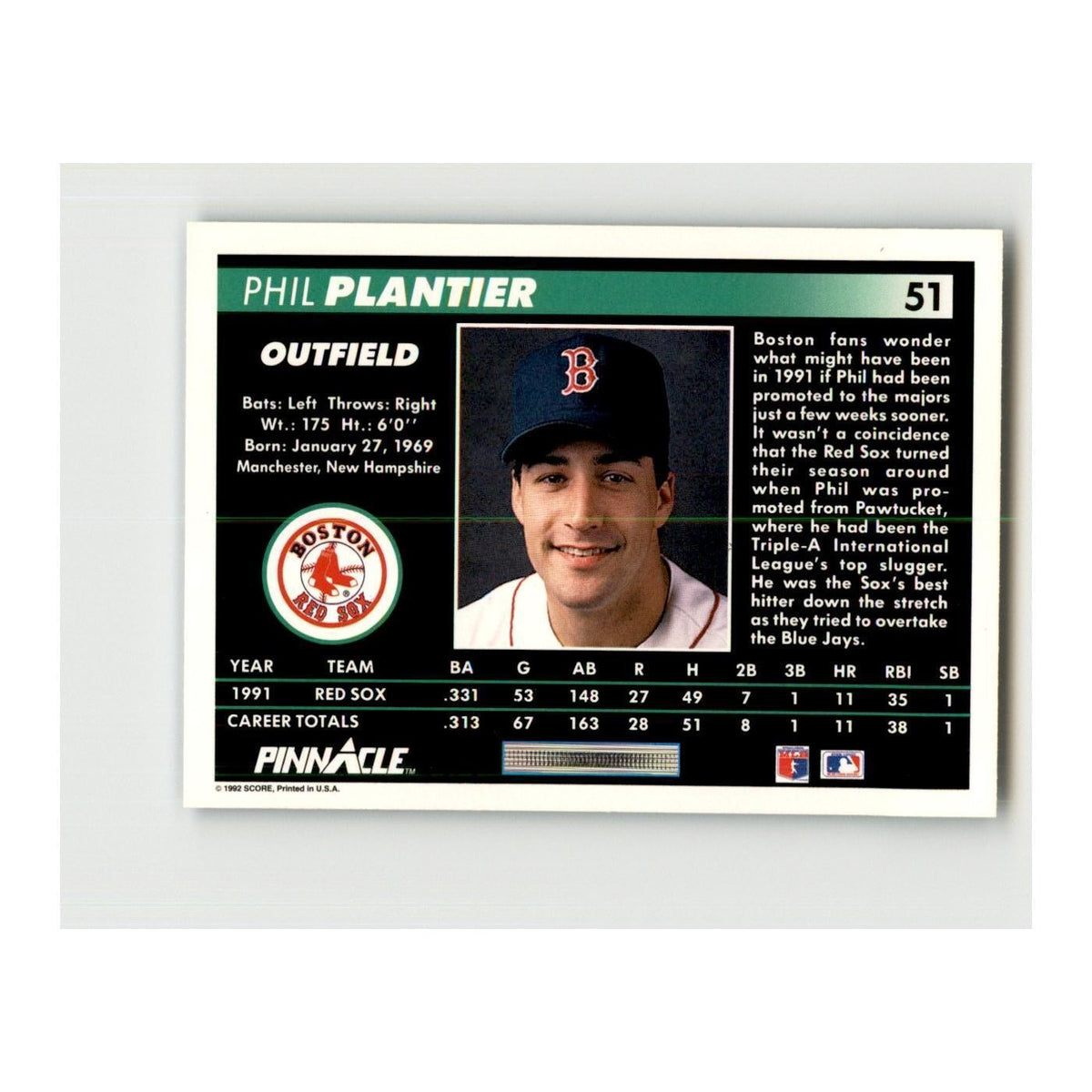 1992 Pinnacle Phil Plantier Baseball Cards #51