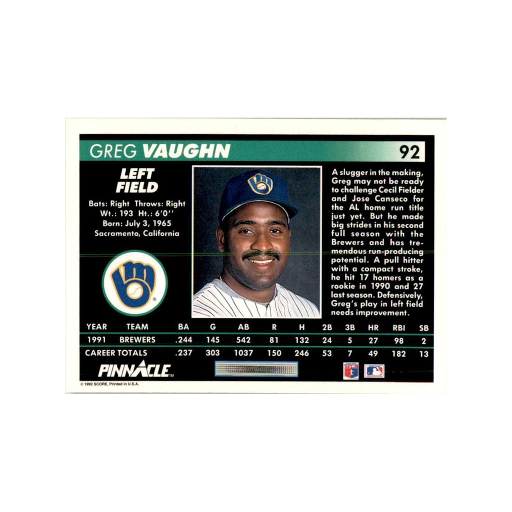 1992 Pinnacle Greg Vaughn Baseball Cards #92
