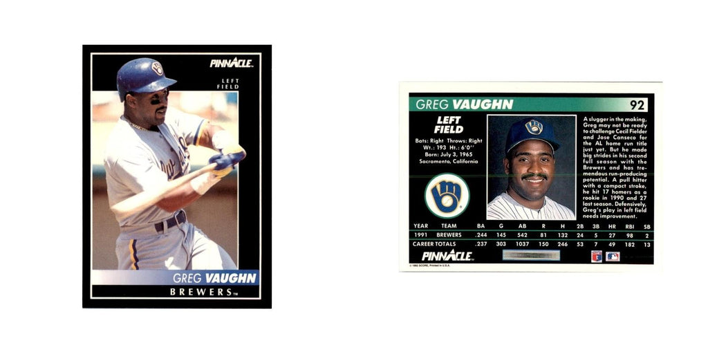 1992 Pinnacle Greg Vaughn Baseball Cards #92