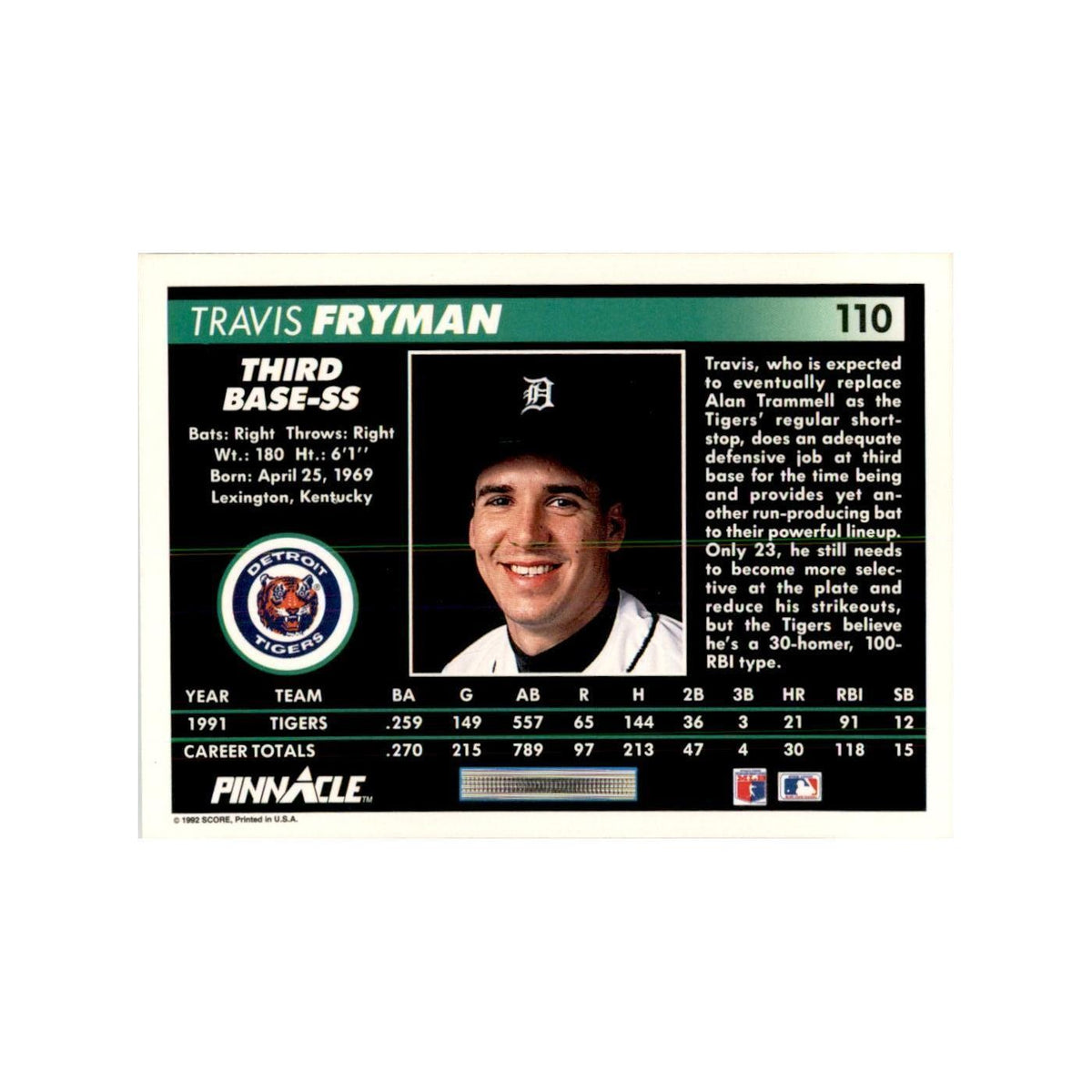 1992 Pinnacle Travis Fryman Baseball Cards #110