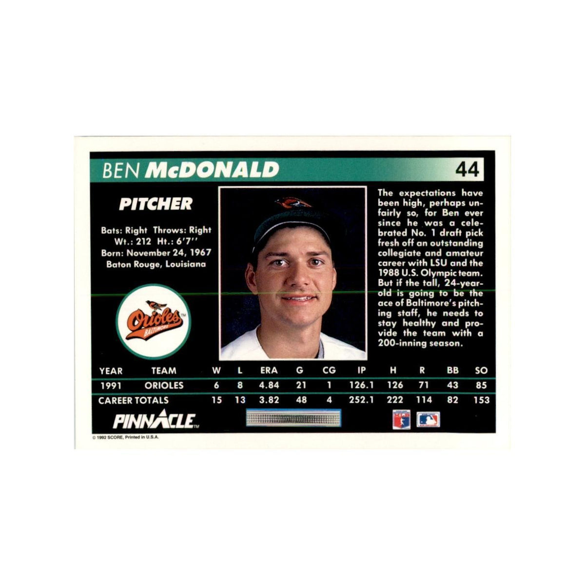 1992 Pinnacle Ben McDonald Baseball Cards #44