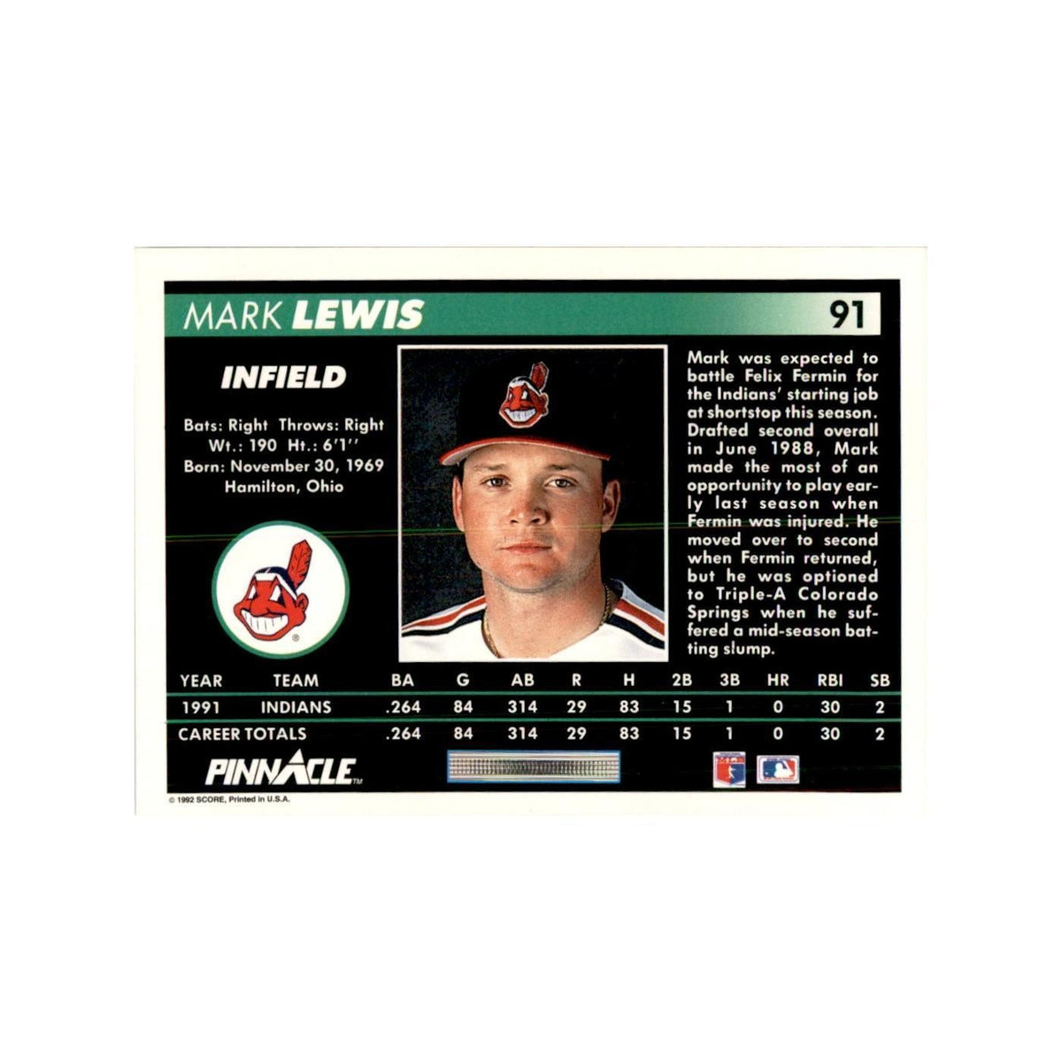 1992 Pinnacle Mark Lewis Baseball Cards #91