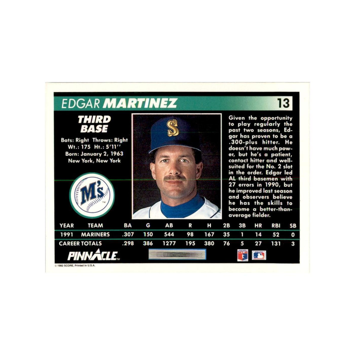 1992 Pinnacle Edgar Martinez Baseball Cards #13