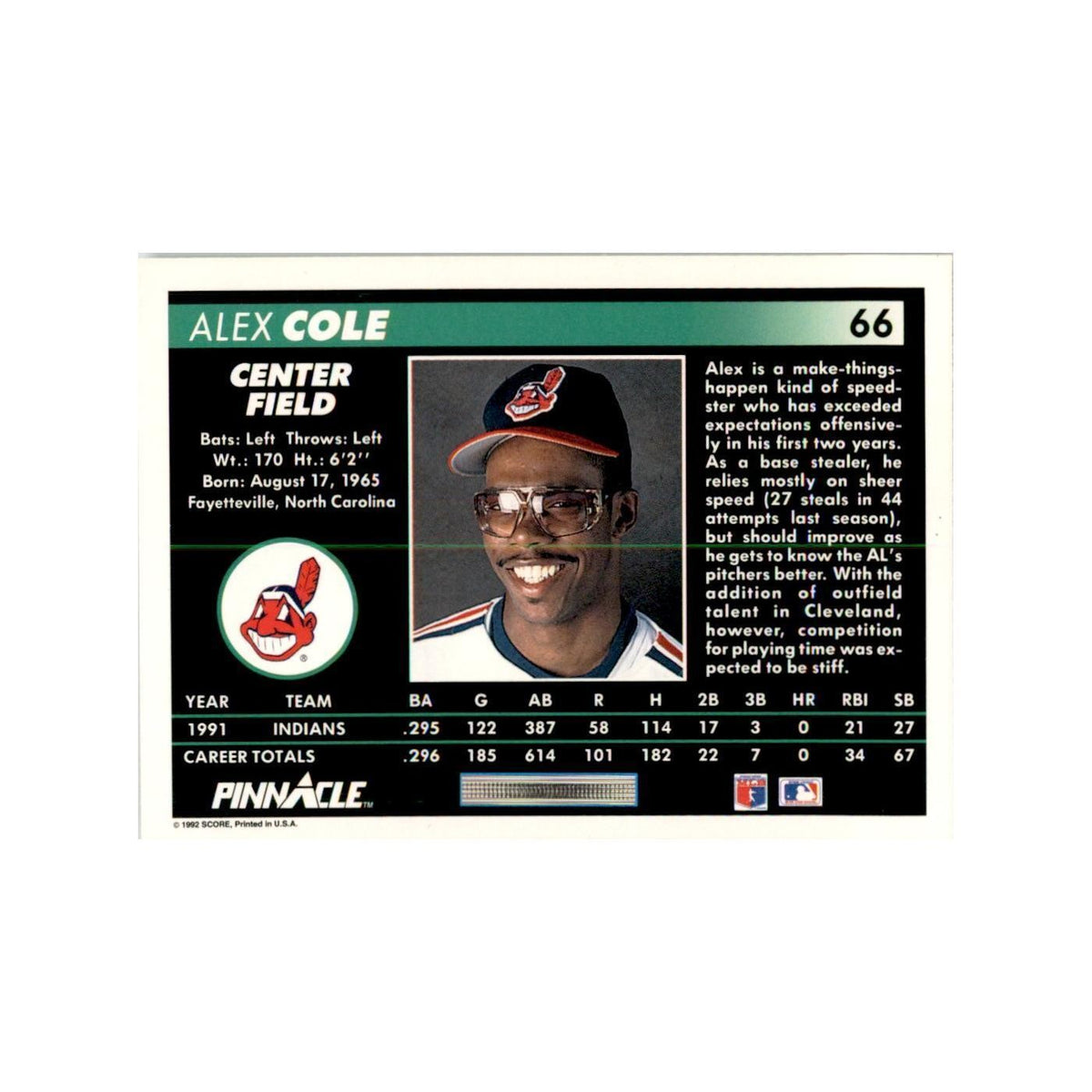 1992 Pinnacle Alex Cole Baseball Cards #66