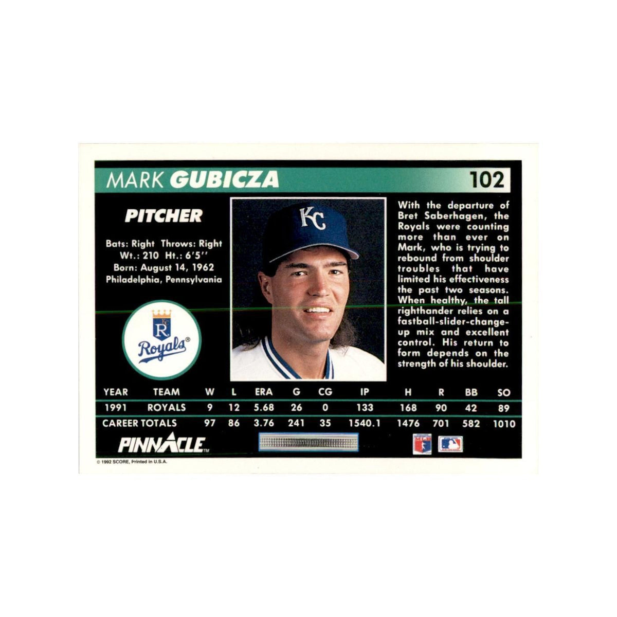 1992 Pinnacle Mark Gubicza Baseball Cards #102