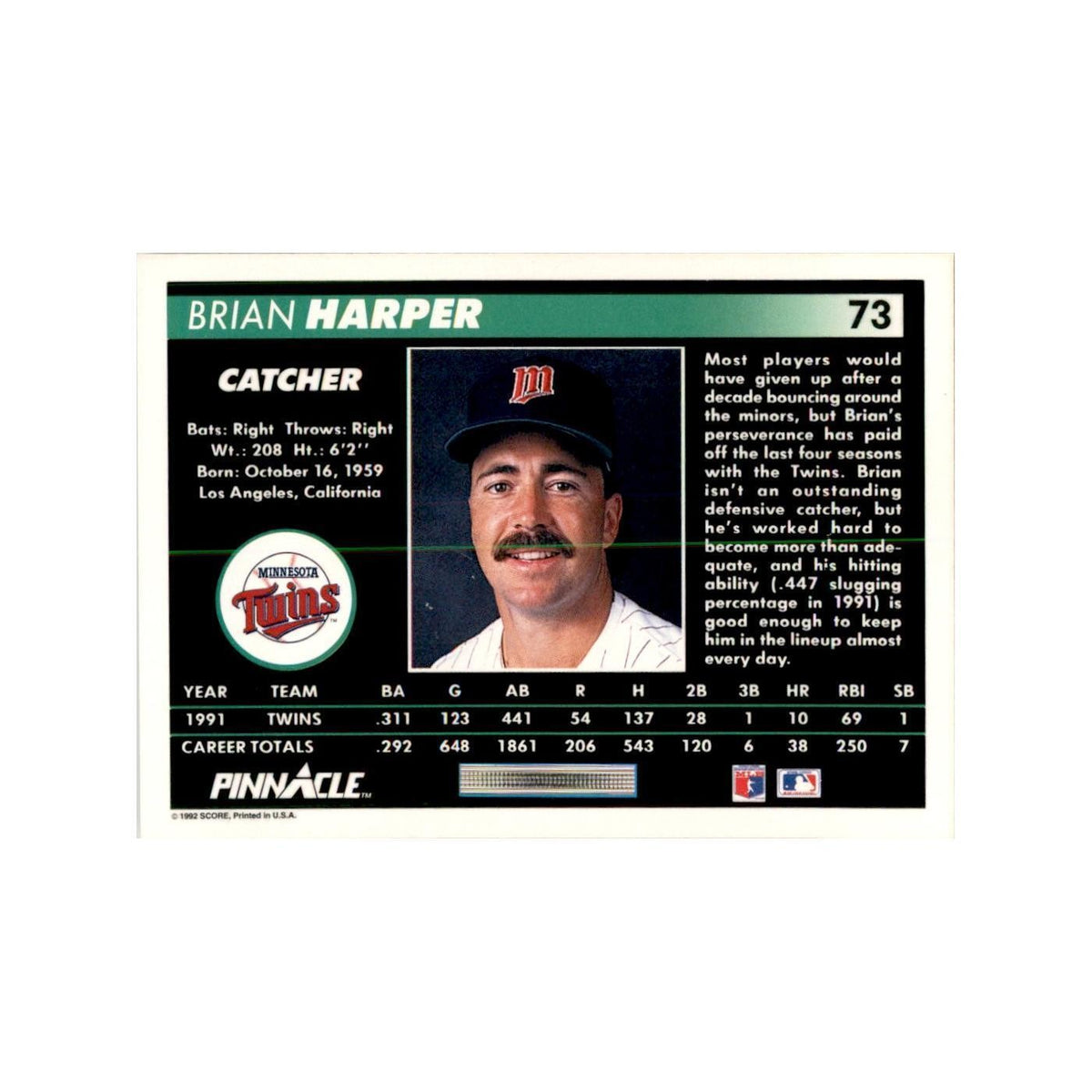 1992 Pinnacle Brian Harper Baseball Cards #73