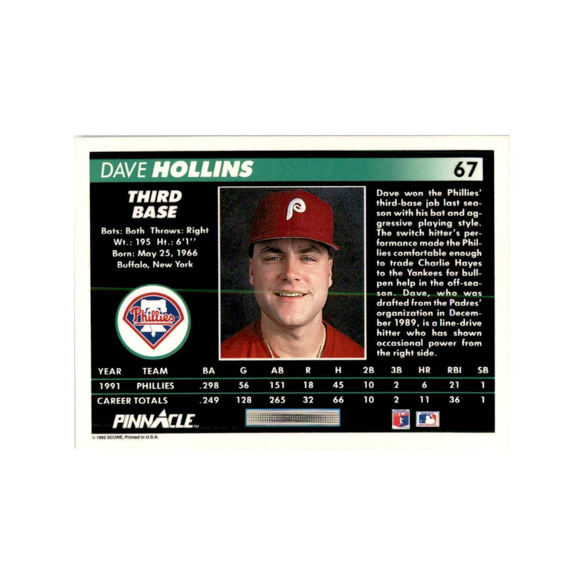 1992 Pinnacle Dave Hollins Baseball Cards #67